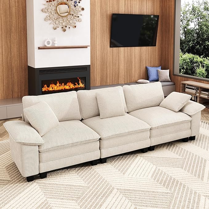 123" Cloud Modular Sectional Sofa, 3-Seater w/Deep Seat & Removable Arms, Plush Corduroy for Living Room - Beige