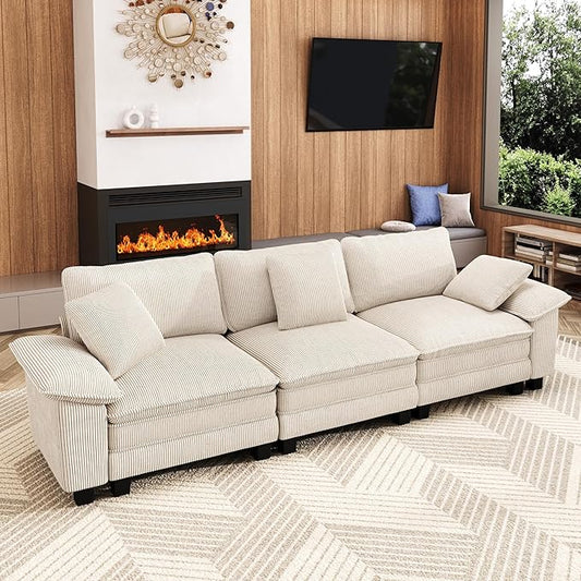 123" Cloud Modular Sectional Sofa, 3-Seater w/Deep Seat & Removable Arms, Plush Corduroy for Living Room - Beige