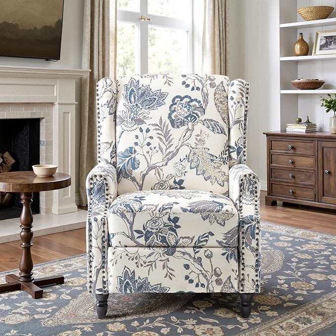 Recliner Chair, Upholstered Wingback Floral Pushback Armchair with Adjustable Backrest & Footrest, Comfy Accent Chair Reading Single Sofa for Small Spaces, Living Room, Bedroom (Plants Blue, Set of 1)