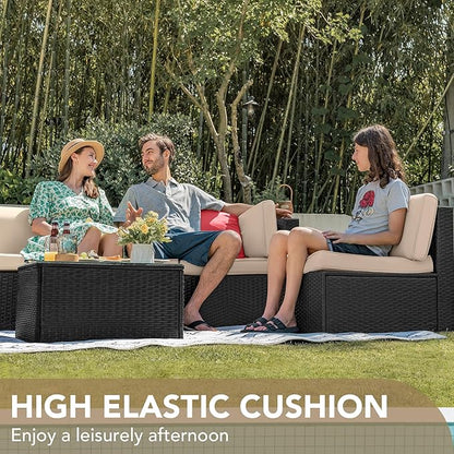 Devoko 7 Pieces Outdoor Sectional Sofa Patio Furniture Sets Manual Weaving Wicker Rattan Patio Conversation Sets with Cushion and Glass Table (Beige)