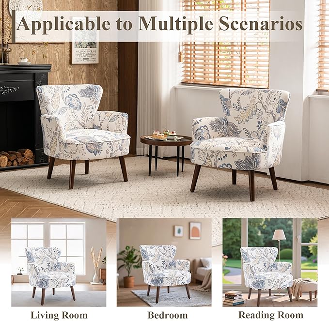 Floral Accent Chair, Upholstered Living Room Chairs with Solid Wood Legs, Mid Century Modern Velvet High Back Armchair for Living Room, Bedroom, Blue