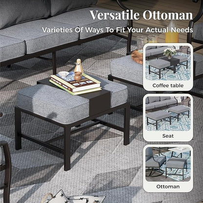 Patio Furniture Set, 6 Pcs Metal Outdoor Conversation Set, 2 Swivel Chairs, 2 Ottomans and 3 Seater Sofa with 5.75" Extra Thick Cushion and Gas Fire Pit Table, Grey