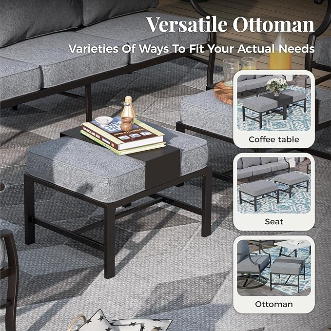 Patio Furniture Set 7 pcs, Outdoor Patio Furniture, 3-Seat Sofa, 2 Single Chairs, 2 Rocking Chairs, 2 Ottomans and 5.75" Extra Thick Cushion, Patio Conversation Set for Backyard Deck,Grey