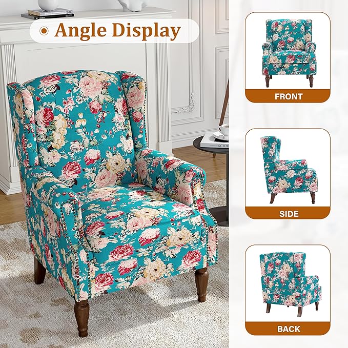 Wingback Accent Chair, High Back Upholstered Armchair, Floral Fabric Wingback Arms Chairs with Retro Solid Wood Legs, Single Sofa Reading Chair for Bedroom Living Room, Peacock Blue