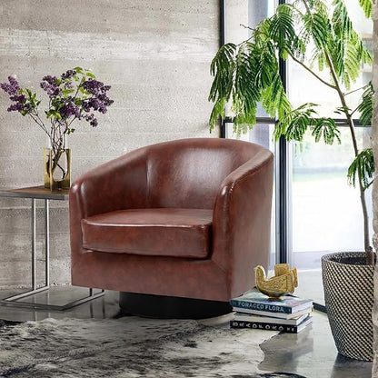 Lumibee Swivel Accent Chair, Faux Leather Swivel Barrel Chair for Living Room, Modern Comfy Upholstered Round Armchair Single Sofa Chair for Bedroom, Club-Red Brown