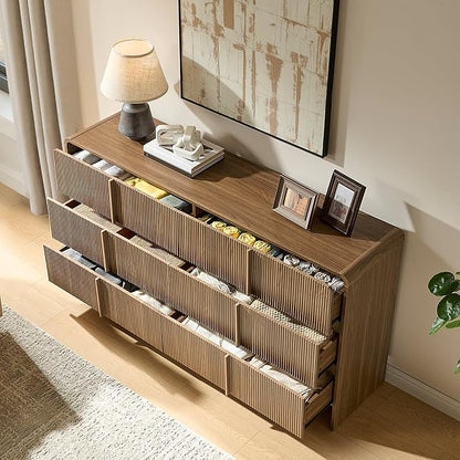 AMERLIFE 63" Fluted 6 Drawer Dresser, Wide Modern Chest of Storage Drawers with Pine Handles, Rounded Corners & Anti-Tip, Wood Drawer Organizer for Cloth, Bedroom, Living Room, Hallway, Dark Walnut
