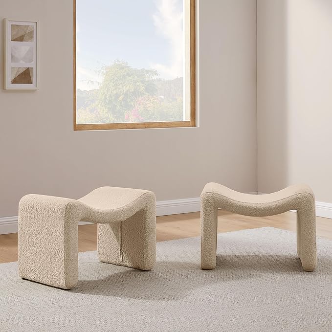 Modern Boucle Ottoman, Vanity Stool Chair, Foot Stool with Wooden Legs Sofa Bench Footstool Extra Seat for Vanity, Makeup Room, Living Room, Entryway, Set 2, Camel