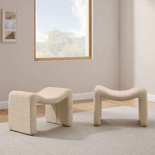 Modern Boucle Ottoman, Vanity Stool Chair, Foot Stool with Wooden Legs Sofa Bench Footstool Extra Seat for Vanity, Makeup Room, Living Room, Entryway, Set 2, Camel