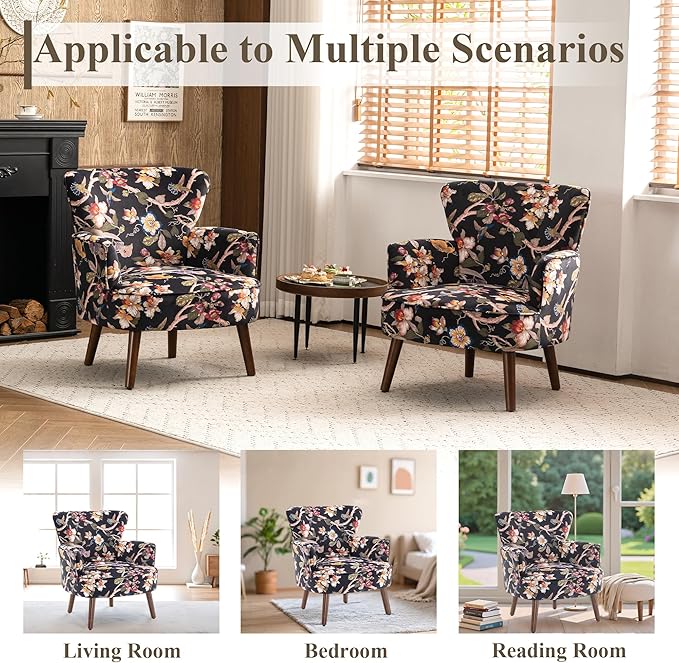 Floral Accent Chair Set of 2, Upholstered Living Room Chairs with Solid Wood Legs, Mid Century Modern Velvet High Back Armchair for Bedroom, Living Room, Black