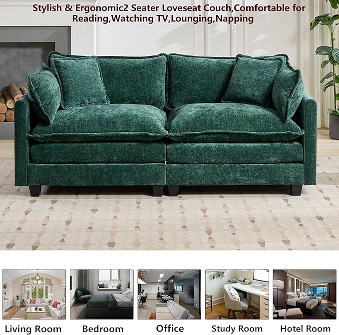 Aoowow Modular Sectional 2 Seater Cloud Sofa Couch for Living Room,78" Loveseat Couch with Deep Seat,Modern Chenille 2 Seat Sofas,Fluffy Small Couches for Bedroom,Small Spaces (Green, 2 Seater)