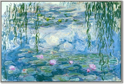Wieco Art Extra Large Silver Framed Canvas Print Water Lilies by Claude Monet Paintings Reproduction Modern Canvas Wall Art for Home and Office Decoration Abstract Artwork