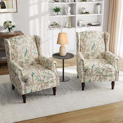 Pia Ricco High Back Floral Accent Chair - Retro Wingback Upholstered Armchair with Nailhead Trim, Solid Wood Legs, Fabric Living Room Bedroom Home Office Reading Chair (Bird Pattern)