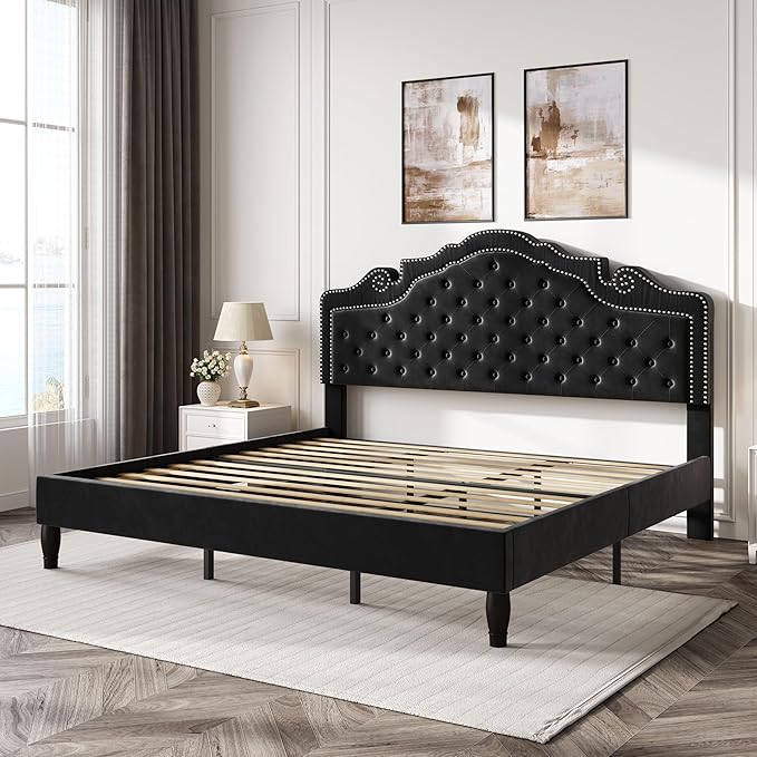 SHA CERLIN King Size Platfrom Bed Frame with Adjustable Headboard/Velvet Upholstered Diamond Button Tufted and Metal Studs/No Box Spring Needed/Easy Assembly/Wooden Slat Support/Black