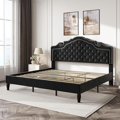 SHA CERLIN King Size Platfrom Bed Frame with Adjustable Headboard/Velvet Upholstered Diamond Button Tufted and Metal Studs/No Box Spring Needed/Easy Assembly/Wooden Slat Support/Black