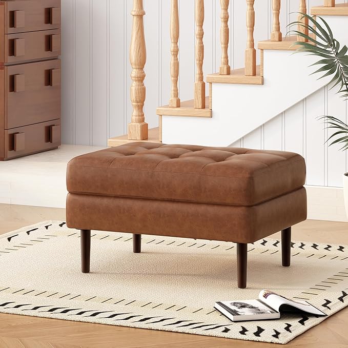 Christopher Knight Home Alcott Leather Ottoman Foot Rest, Upholstered Foot Stools Pouf Ottoman, Sofa Foot Rest for Living Room, Modern Coffee Table, Entryway Rectangle Small Footstool, Reddish Brown