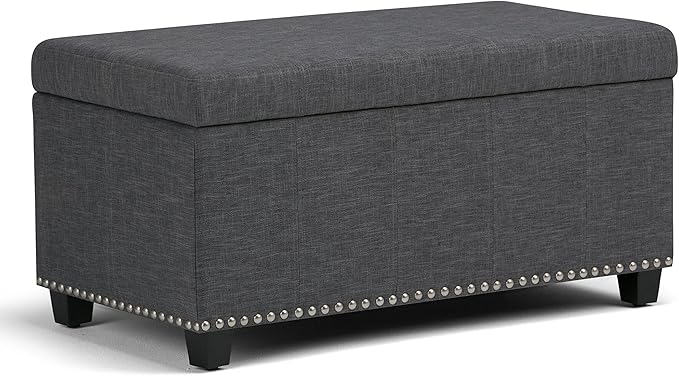 SIMPLIHOME Amelia 33 inch Wide Transitional Rectangle Storage Ottoman Bench in Slate Grey Linen Look Fabric, Assembled, For the Living Room, Entryway and Family Room