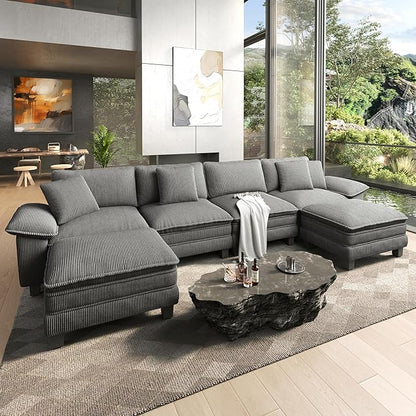 HERA'S HOUSE 158" Modular Sectional Sofa, Oversized U Shaped Couches for Living Room, Comfy Cloud Couch with Ottoman, 6-Seater Deep Seat Sofa with Throw Pillow, Corduroy Grey
