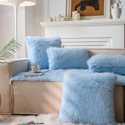 Neelvin Blue Faux Fur Cozy Fluffy Double-Sided Decorative Throw Pillow Covers 20x20 inch Set of 2,Velvet Pillowcase Cushion Case for Sofa Couch