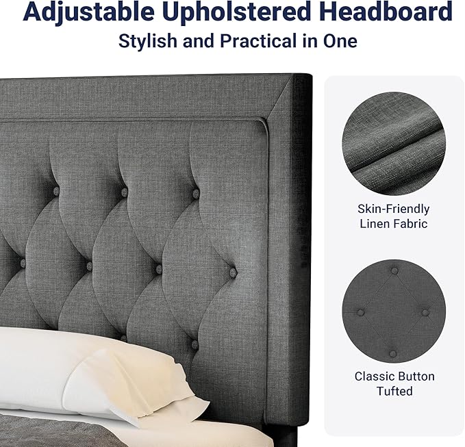 Allewie Full Size Button Tufted Platform/Fabric Upholstered Bed Frame with Adjustable Headboard/Wood Slat Support/Mattress Foundation/Dark Grey (Full)