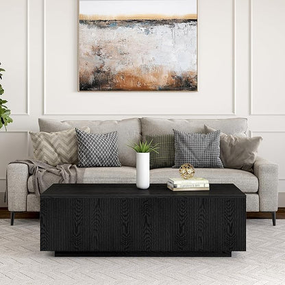 Henn&Hart 48" Fluted Rectangular Low-Profile Coffee Table for Living Room, Family Room, or Office, Black Grain