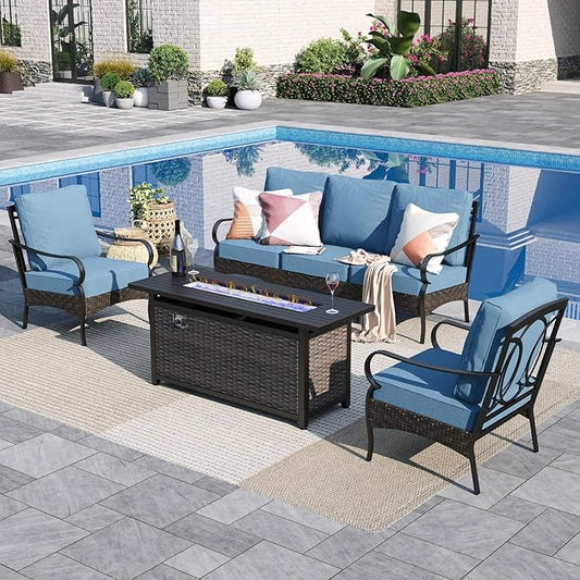 Sophia & William Patio Furniture Set with Fire Pit Table, 4 PCS Metal Outdoor Conversation Set with Fire Pit Table, 2 Sofa Chairs,3-Seater Couch for Outdoor Seating, Backyard, Porch(Navy)