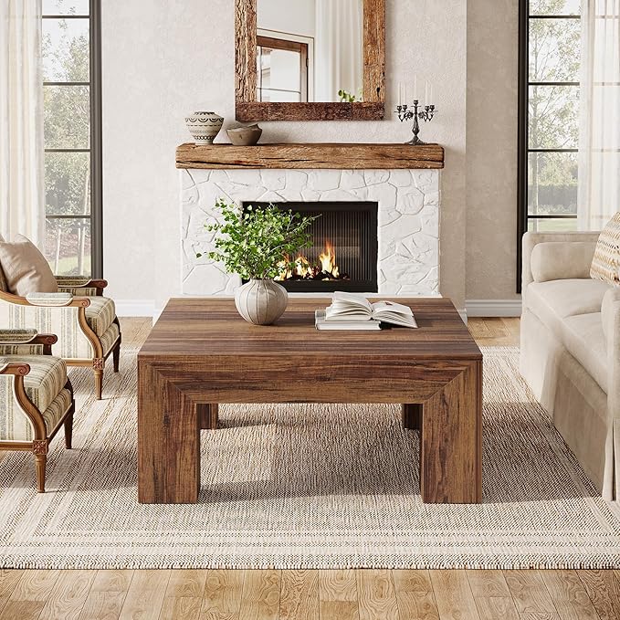 Tribesigns Farmhouse Square Coffee Table for Living Room, 39.37-Inch Low Large Center Tea Accent Table with Sturdy Legs, Easy Assembly (Dark Brown)