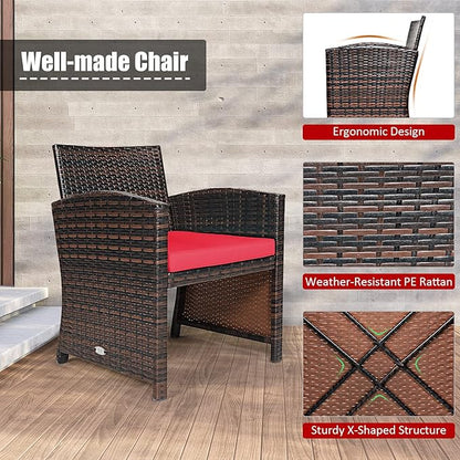 COSTWAY 3 Pieces Patio Furniture Sets, Outdoor Rattan Conversation Set with Tempered Glass Tabletop and Soft Cushion, Wicker Cushioned Chair Sofa for Backyard, Porch, Poolside, Lawn, Red