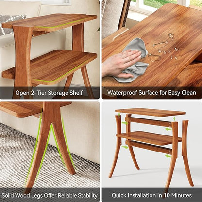 LITTLE TREE Narrow Side Table, 2-Tier Farmhouse End Table with Solid Wood Legs, Small Side Table, Space-Saver for Living Room, Bedroom, Entryway (Walnut)