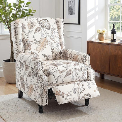 Pushback Recliner Chair Set of 2, Floral Fabric Wingback Recliner Chair, Upholstered Armchair Push Back Recliner, Rivet Trim Single Sofa Accent Chair with Wood Legs for Living Room, Plants Beige