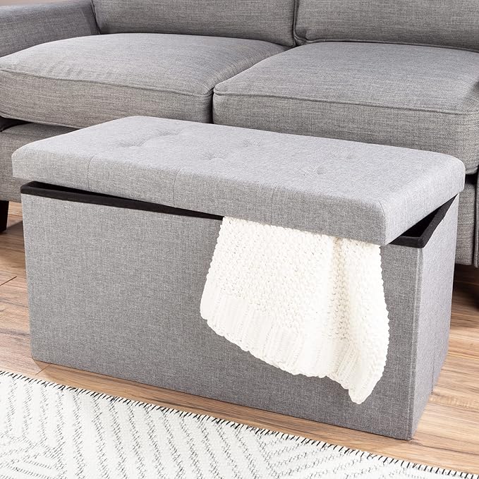 Folding Storage Ottoman - 30-Inch Tufted Footrest, Linen Chest, or Bench with Removable Bin for Living Room, Bedroom, or Dorm by Lavish Home (Gray)