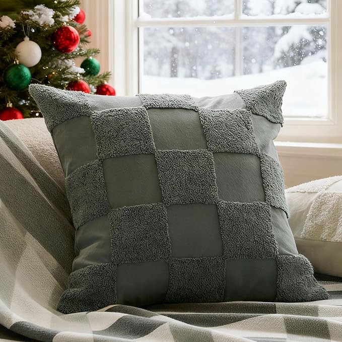 Double Stitch Checkered Throw Pillow Covers - 100% Cotton Tufted Boho Decorative Pillow Covers 20x20, Made in India, Square Cushion Case, Modern Home Decor for Couch, Sofa, Living Room, Chinois Green