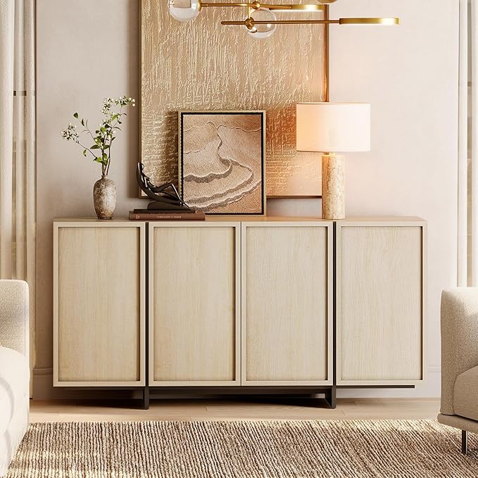 WAMPAT Modern Sideboard Buffet Cabinet with 4 Doors, Multifunctional Sideboard with Large Storage and T-Shaped Legs, Coffee Bar Cabinet Storage Cabinet for Kitchen, Living Room, Light Oak