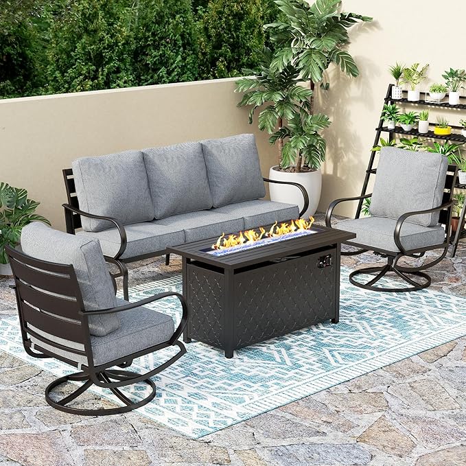 PHI VILLA 4 Piece Patio Furniture with Metal FirePit Table, 1 x 3-Seat Wide Deep Seating Bench & 2 x Swivel Sofa Chairs, 5.75" Thick Cushioned Outdoor Furniture Conversation Set for 5, Grey