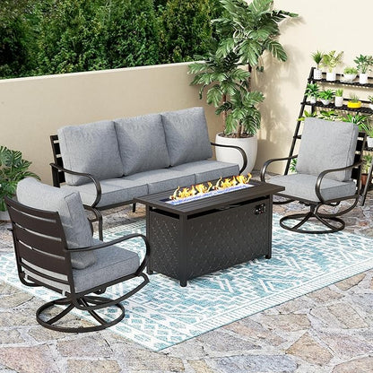 PHI VILLA 4 Piece Patio Furniture with Metal FirePit Table, 1 x 3-Seat Wide Deep Seating Bench & 2 x Swivel Sofa Chairs, 5.75" Thick Cushioned Outdoor Furniture Conversation Set for 5, Grey
