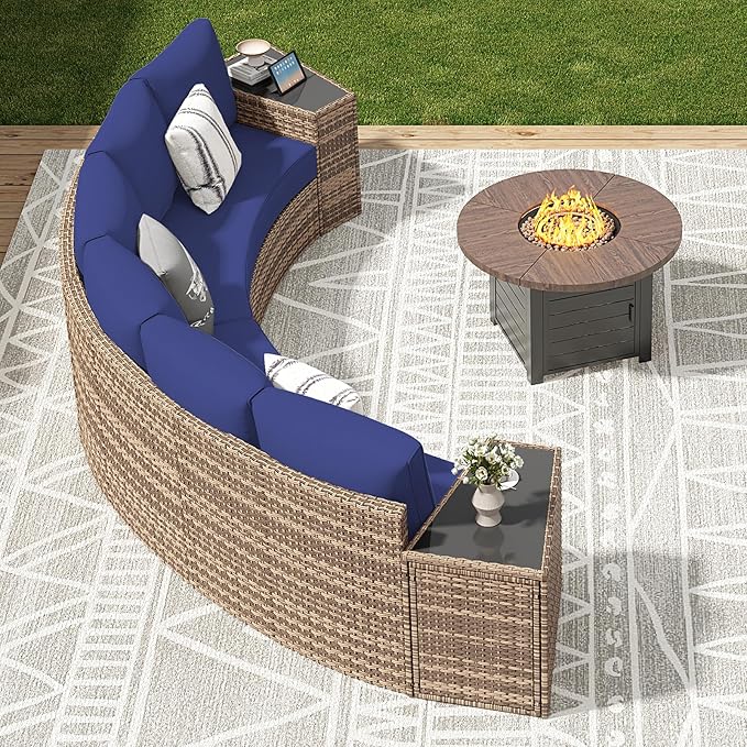 Patio Furniture Sets, 6 Piece Half-Moon Sectional Round Sofa Set, Outdoor Patio Furniture with Cushions for Beach, Pool, Balcony, Blue