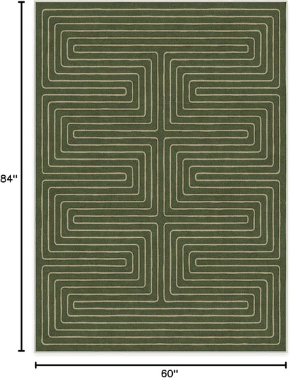 RUGGABLE x Jonathan Adler Machine Washable Modern Area Rug – Labyrinth Fern Green 5x7, Stain-Resistant, Non-Slip – Medium Rugs for Living Room, Bedroom, Hallway, Entryway & Office–with Standard Pad