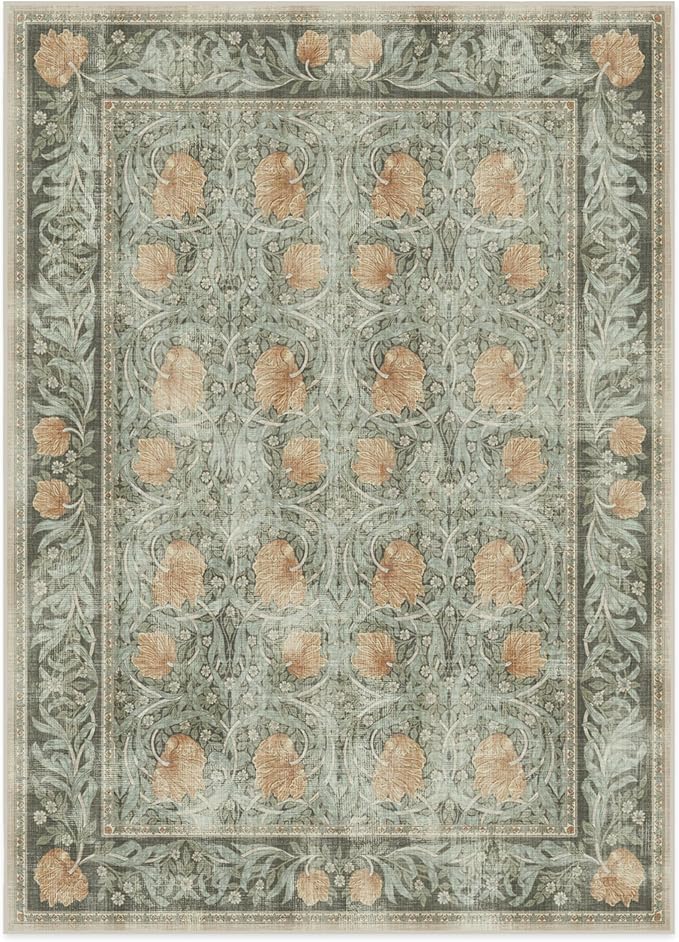 RUGGABLE x Morris & Co Washable Area Rug– Pimpernel Vintage Green 5x7, Stain-Resistant, Non-Slip – Medium Machine Washable Rugs for Living Room, Bedroom, Hallway, Entryway & Office–with Cushioned Pad
