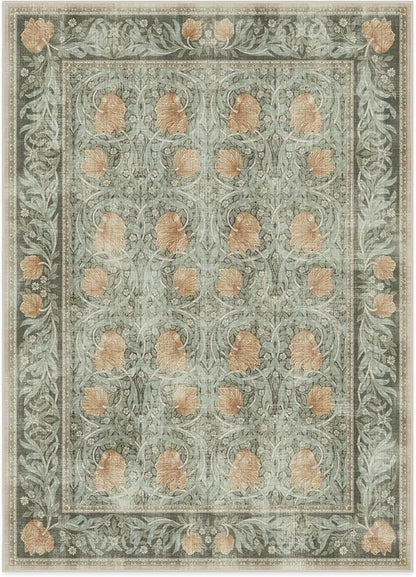 RUGGABLE x Morris & Co Washable Area Rug– Pimpernel Vintage Green 5x7, Stain-Resistant, Non-Slip – Medium Machine Washable Rugs for Living Room, Bedroom, Hallway, Entryway & Office–with Cushioned Pad