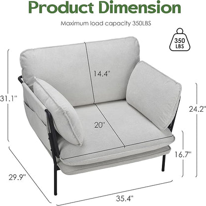 Modern Accent Chair for Living Room, Oversized Reading Chair with Solid Metal Legs, Upholstered Fabric Armchair with Side Pockets and 2 Pillows, Comfy Accent Chairs for Bedroom, Nursery, White