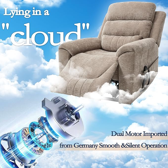 Power Lift Recliner Chair for Elderly People, Dual Motor Lay Flat Recliner with Vibration Massage and Heat, Heavy Duty Motion Mechanism Standing Assistance Reclining Chair, Chenille Fabric Khaki