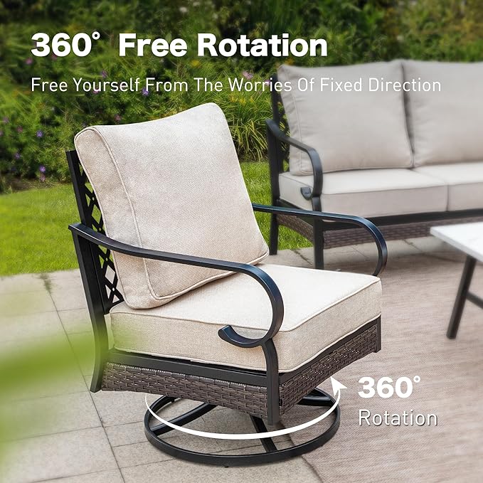 5 Piece Metal Outdoor Patio Furniture Set, Patio Conversation Sets 3-Seater Sofa, 2-Seater Sofa, 2 Swivel Chair with 5.75" Thick Cushion & Coffee Table Black Backyard Furniture, Beige
