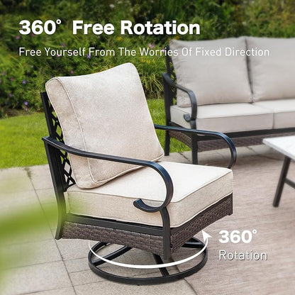 5 Piece Metal Outdoor Patio Furniture Set, Patio Conversation Sets 3-Seater Sofa, 2-Seater Sofa, 2 Swivel Chair with 5.75" Thick Cushion & Coffee Table Black Backyard Furniture, Beige
