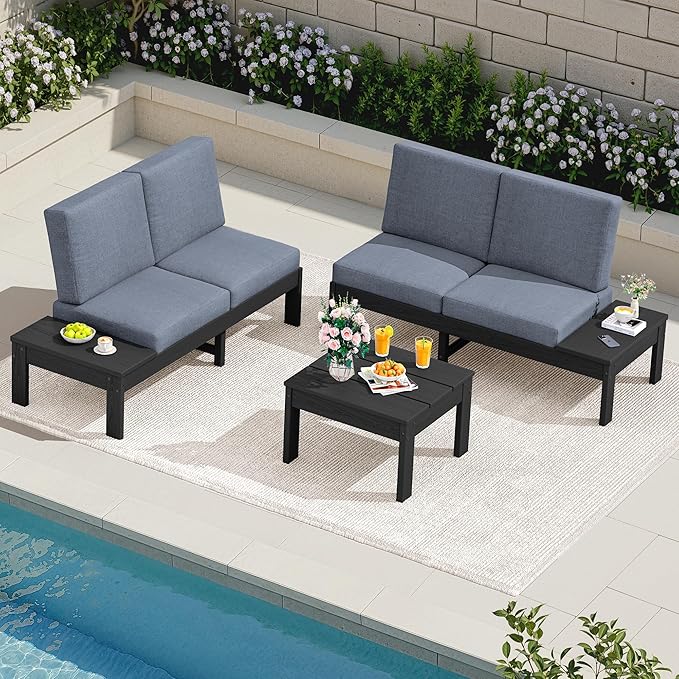 SERWALL HDPE Patio Furniture Set with 15FT Double Side Patio Umbrella, Outdoor Sofa Set, Seats 4, Modular Sectional Couch for Patio, Garden, Backyard, Black Frame with Grey Cushion