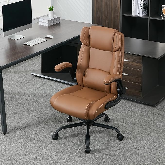 Office Desk Chair,Ergonomic Conference Room Chairs,Mid Back Executive Leather Chair,Comfy Computer Desk Chairs with Adjustable Flip-Up Arms and Rocking Function (Brown)