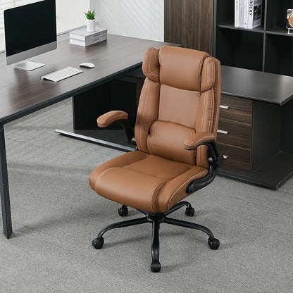 Office Desk Chair,Ergonomic Conference Room Chairs,Mid Back Executive Leather Chair,Comfy Computer Desk Chairs with Adjustable Flip-Up Arms and Rocking Function (Brown)