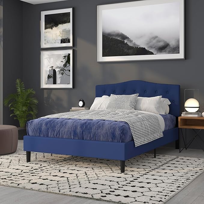 BizChair Tufted Upholstered Queen Size Headboard in Navy Fabric
