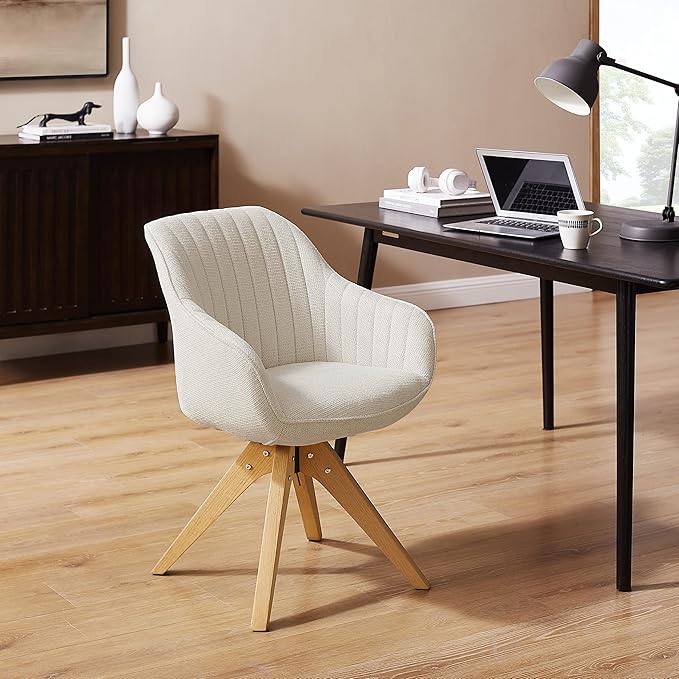 Zouron Accent Chair with Wooden Legs, Swivel Desk Chairs No Wheels, Upholstered Armchair Vanity Chair for Small Space Home Office Living Room Bedroom, Beige and Natural Wood