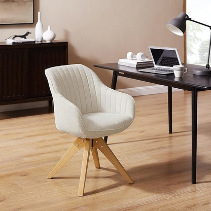 Zouron Accent Chair with Wooden Legs, Swivel Desk Chairs No Wheels, Upholstered Armchair Vanity Chair for Small Space Home Office Living Room Bedroom, Beige and Natural Wood