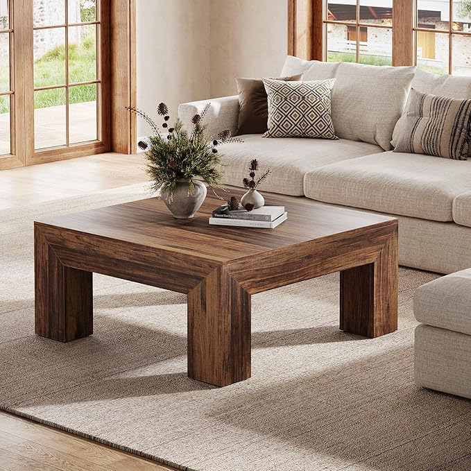 Tribesigns Farmhouse Square Coffee Table for Living Room, 39.37-Inch Low Large Center Tea Accent Table with Sturdy Legs, Easy Assembly (Dark Brown)