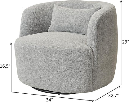 KINWELL 34" Wide Sherpa Swivel Barrel Chair, No Assembly Round Boucle Upholstered Accent Chair Armchair Single Sofa Chair with Toss Pillow for Living Room and Bedroom, Gray